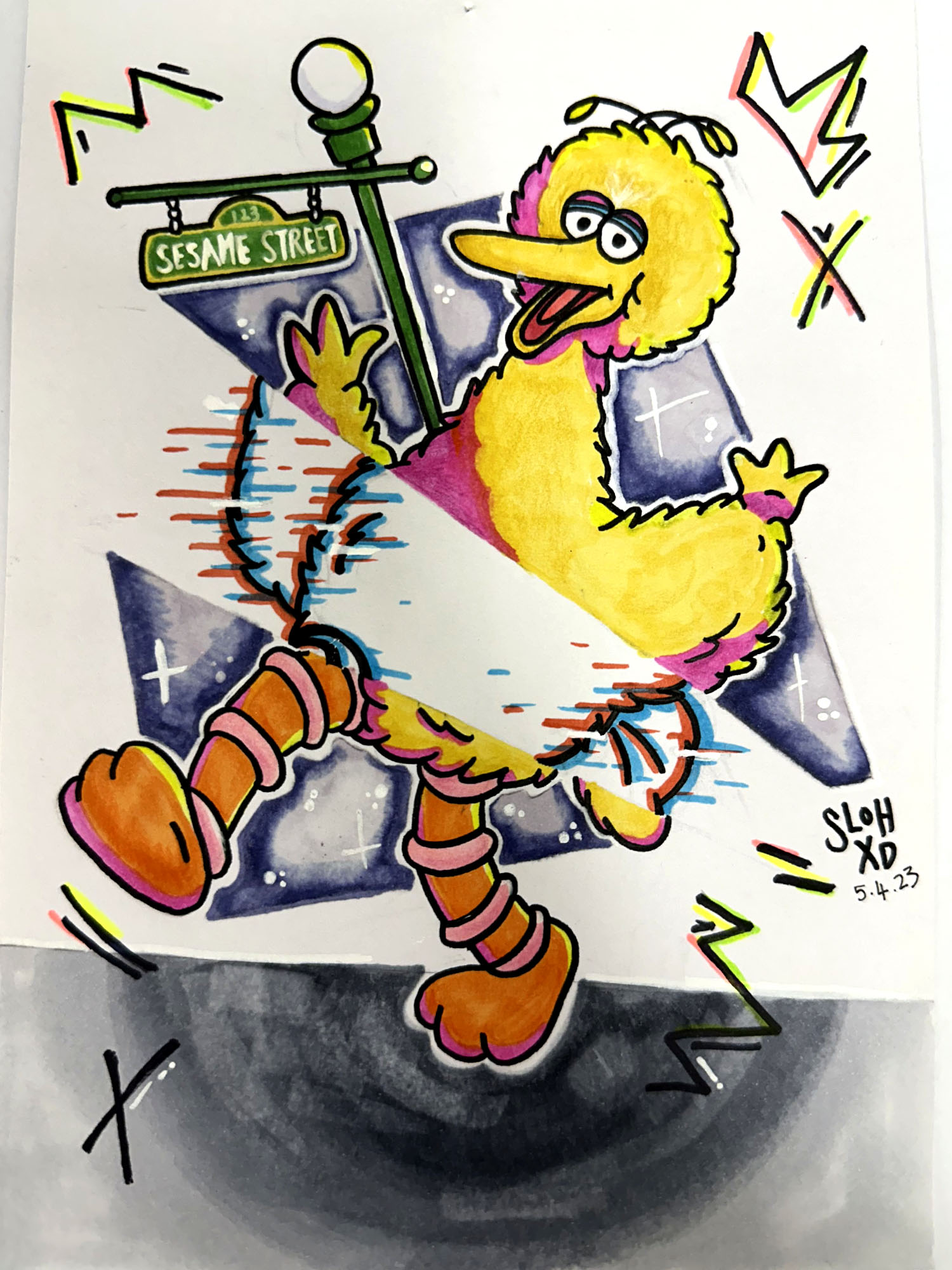 Artwork by Shannon. Big Bird from Sesame Street drawn in a cartoon, illustrated style with markers and highlighters. Big Bird has a yellow body and orange legs with pink used for the shadows. Across the body is a glitch effect. In the background is the Sesame Street sign. Click to view full image.