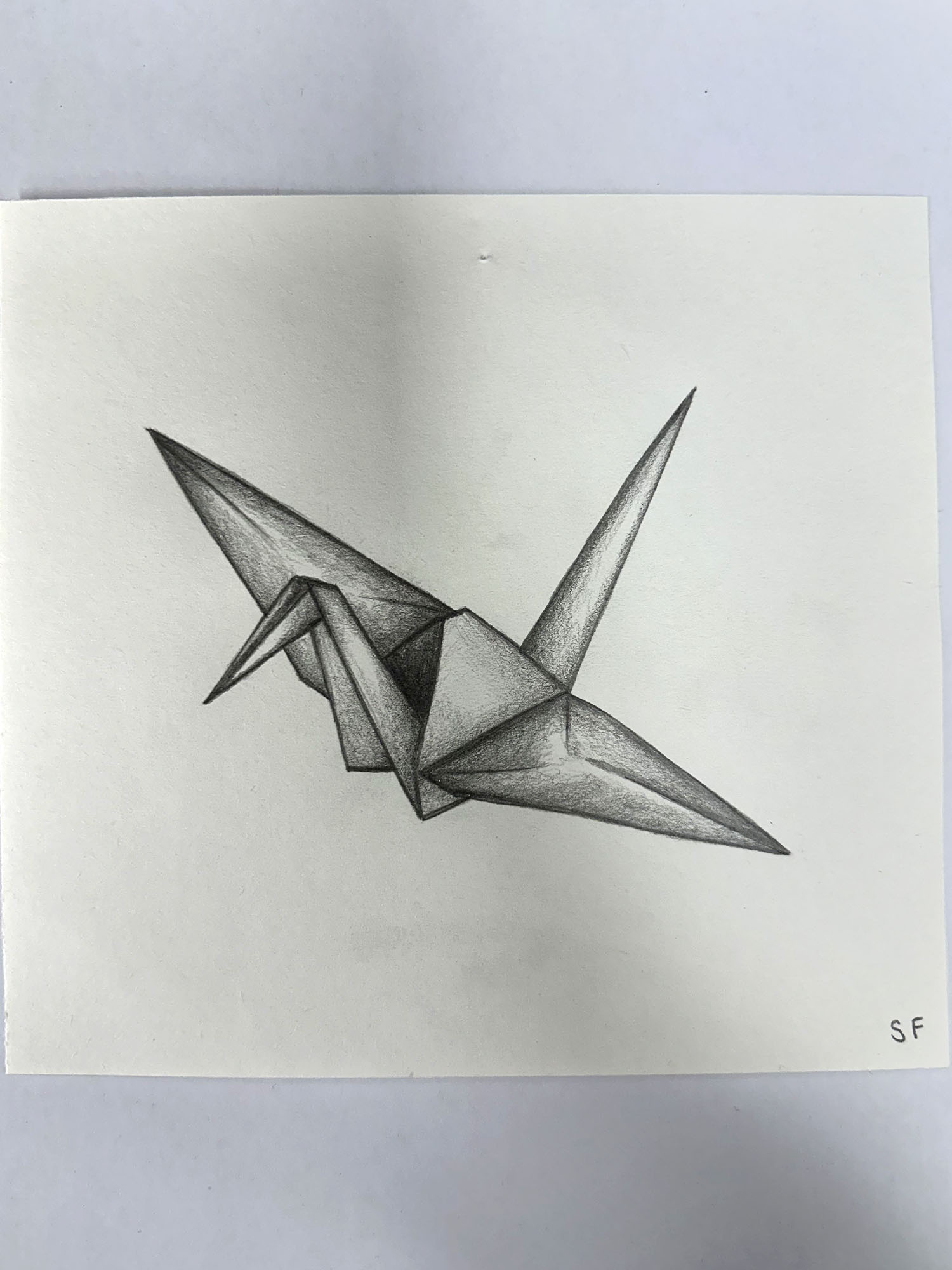 Artwork by Sienna. A detailed pencil drawing of an origami crane. Click to view full image.