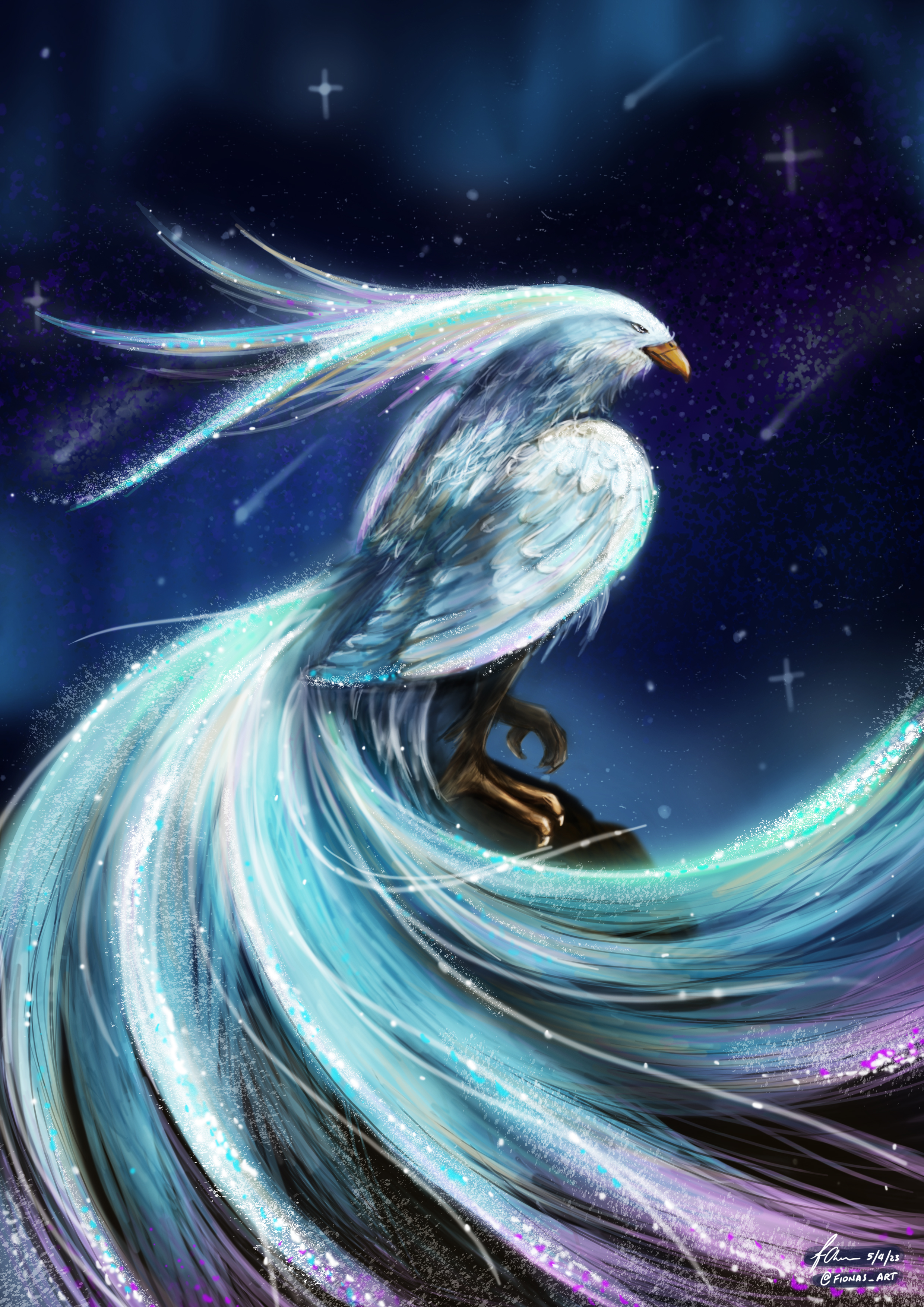 Artwork by Fiona. A digital drawing of an eagle-like bird. The bird has a light blue and purple body with a glowing effect. The tail feathers extend from the body to the foreground of the image. The background is a night sky with a subtle aurora and shooting stars. Click to view full image.